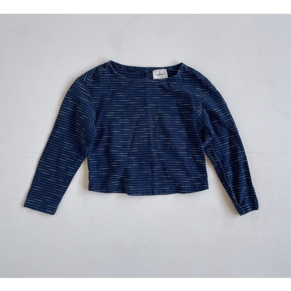 STEVEN ALAN Dark Navy Blue Striped Cropped Long Sleeve Shirt / P / USA Minimal